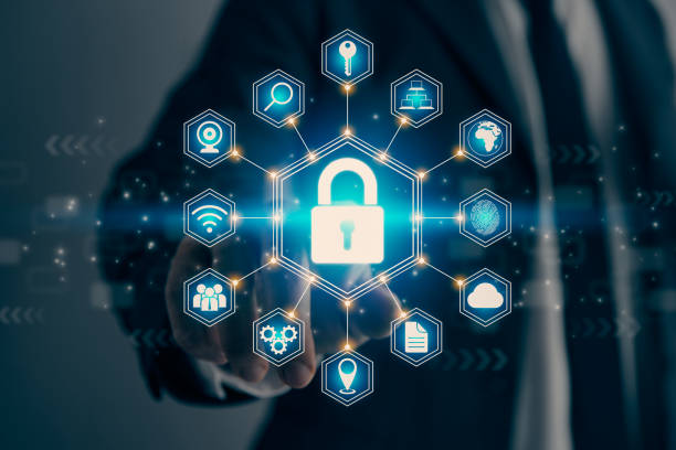 istock Businessman Hand and Finger Touching Screen and Hexagonal Blue Lock Security Sign in Vintage Tone 1483312048