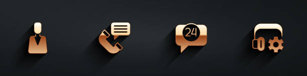 istock Set Employee, Telephone conversation, 24 hours support and Headphoneswith settings icon with long shadow. Vector 1483312071