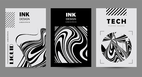 Vector black and white wavy ink liquid effects poster card template banner illustration,Abstract Backgrounds