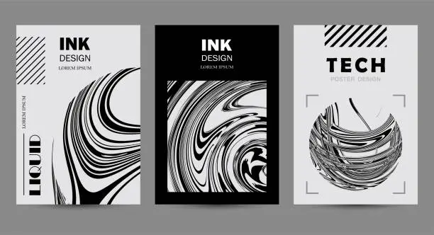 Vector illustration of Vector black and white wavy ink liquid effects poster card template banner illustration,Abstract Backgrounds