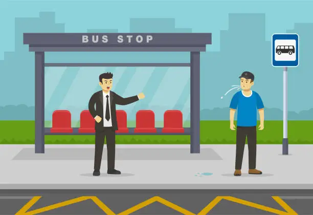 Vector illustration of Angry young male character yelling to other spitting man. City bus stop or station.