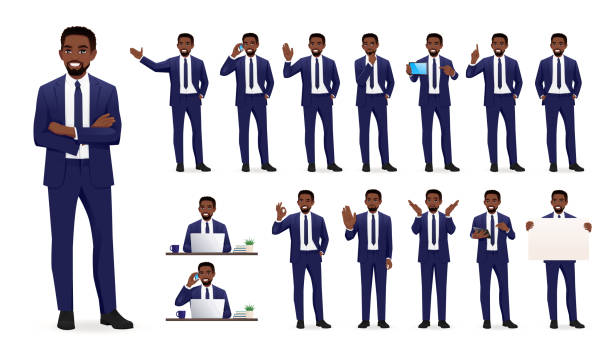 ilustrações de stock, clip art, desenhos animados e ícones de african business man set - office men teacher computer