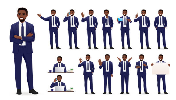 African business man set African business young man in suit. Different poses set. Various gestures male character standing and sitting at the desk isolated vector illustration businessman stock illustrations