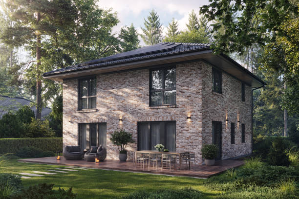 3d rendering of modern forest bungalow with patio 3d rendering of modern bungalow with patio and garden in backyard. Digitally generated image of a luxurious style forest bungalow on a summer day. vista posterior stock pictures, royalty-free photos & images