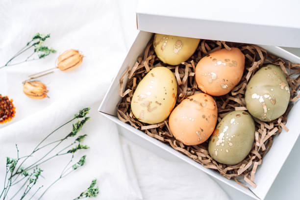 istock Easter eggs of different colors in box on white background with dried flowers 1483314423