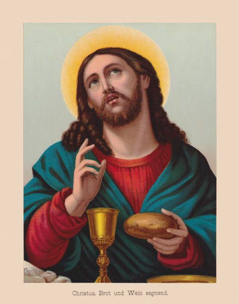 Christ - blessing bread and wine, chromolithograph, published in 1896 vector art illustration