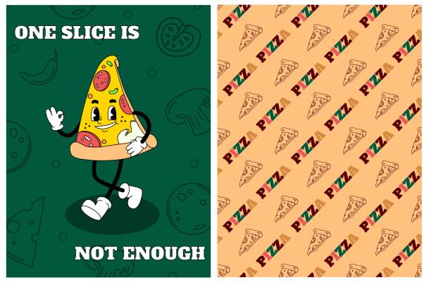 Happy pizza groovy traditional cartoon vector Happy groovy character. Funny pizza sticker. Hippie crazy slice. Food seamless pattern. Hipster poster in 60s style cool graffiti characters stock illustrations