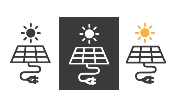 sonnen- und solarpanel-symbol, vektor. - solar power station solar panel sun house stock-grafiken, -clipart, -cartoons und -symbole