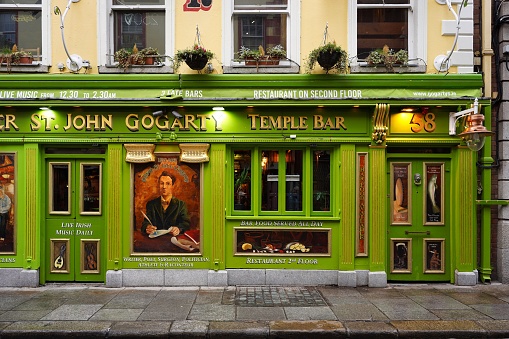 Dublin, Ireland - March 2023: Colorful pub in the Temple Bar district of Dublin, named after a friend of James Joyce