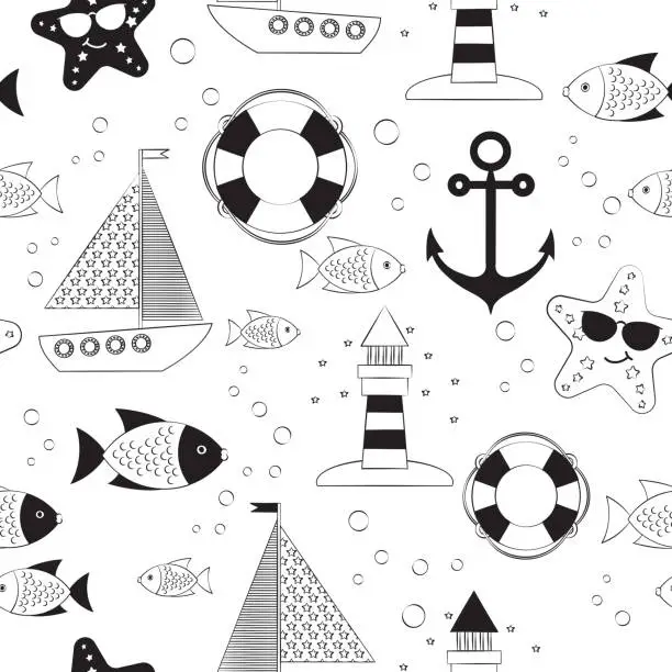 Vector illustration of Pattern with ships, lighthouse. Black and white