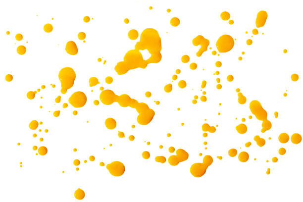 Drops of different sizes and shapes on a white background.