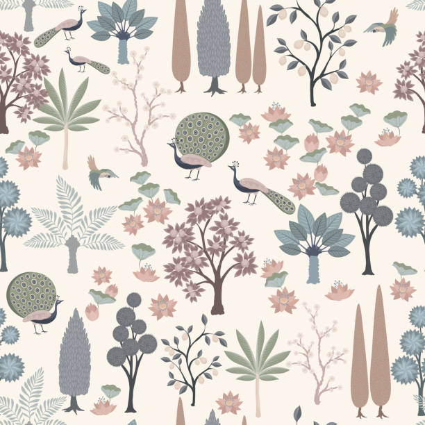 garden with trees, palms, lotus, peacoc Traditional Mughal garden with trees, palms, lotus, peacock, vector illustration seamless pattern for wallpaper mughal empire stock illustrations