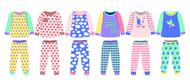 Girl pajamas set. Textile nightwear for children. Vector colored illustration isolated on white background.