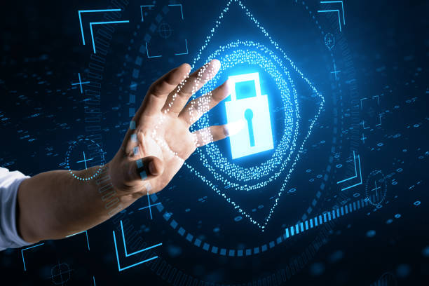 istock Close up of businessman hand using glowing padlock interface on blurry background. Safety, security and protection concept. 1483324690