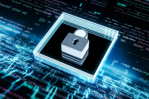 istock Abstract blue chip with padlock hologram on blurry blue tech background. Safety, metaverse and future concept. 3D Rendering. 1483324766