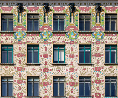 Majolikahaus or Majolica House facade entirely covered with majolica, or colorful glazed earthenware tiles with floral designs which characterized the early Vienna Secession, built in 1898-99 by Otto Wagner (1841-1918)