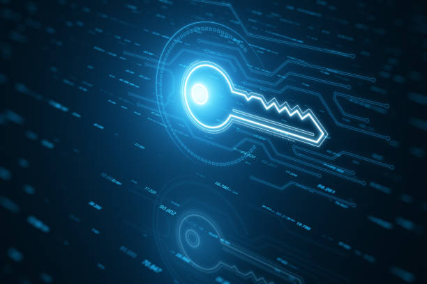 istock Glowing key hologram on blurry background. Virtual house and future concept. 3D Rendering. 1483326738