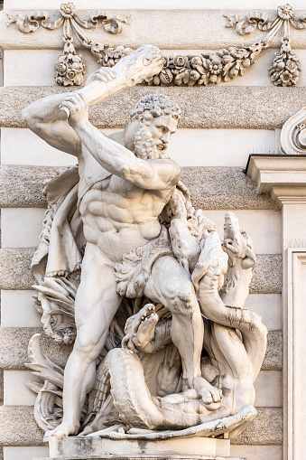 Heracles and the Lernaean Hydra marble statue unveiled in 1893 by Austrian sculptor Edmund Hofmann von Aspernburg (1847-1930) on Michael square in Vienna