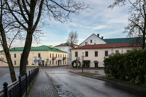 The intersection of Zamkova and Gorodensky streets on a sunny day, Grodno, Belarus