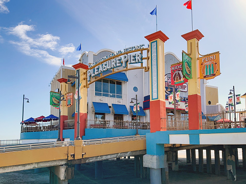 Galveston, Texas, USA - February 2023: Entrance to the city's historic pier
