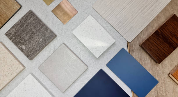 istock samples of material including blue laminated, stone ceramic tiles, grainy quartz, metallic stainless, fabric laminated, wooden engineering floor tile in top view. palette of interior materials. 1483330557