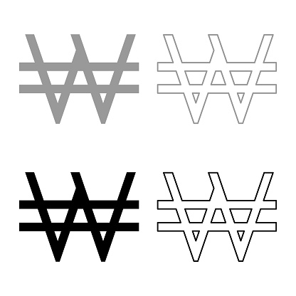 Symbol won Korea money sign KRW currency monetary set icon grey black color vector illustration image simple solid fill outline contour line thin flat style