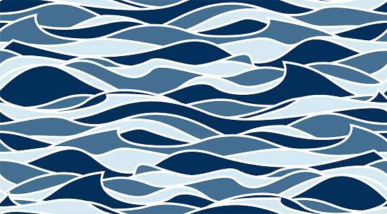Wave seamless vector background. Sea water abstract pattern. Blue deep ocean banner with white lines between waves in simple minimal flat style.