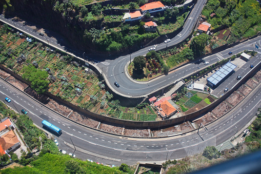 Madeira streets from above.The streets of Madeira seen from the Teleferico, driving from Funchal to Monte.