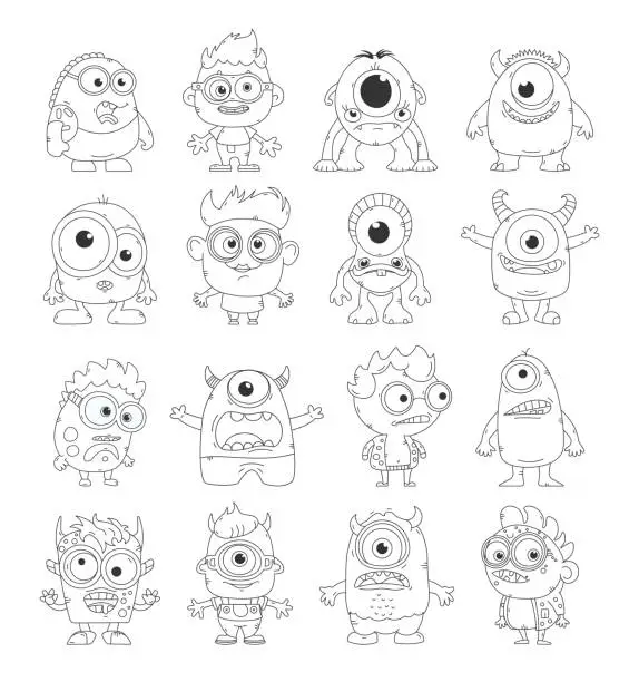 Vector illustration of Collection Cute Little Monsters. Cheerful happy face emotions. Cartoon monsters outline.