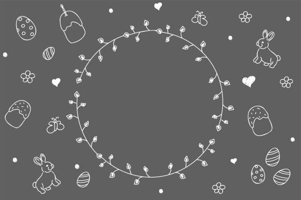 Vector. Cute hand drawn Easter horizontal background with bunnies, easter eggs. Festive background with Easter linear symbols. Copy space for text. Design cards, banners and other promotional items. Vector. Cute hand drawn Easter horizontal background with bunnies, easter eggs. Festive background with Easter linear symbols. Copy space for text. Design cards, banners and other promotional items. simple butterfly outline pictures stock illustrations
