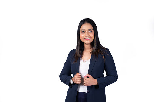 Portrait of Smiling confident young businesswoman wearing formal dress , Studio shot isolated on white background.