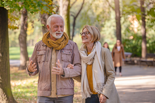 Cheerful pensioners enjoy their life walking together in the park and talking. Activities for elderly people