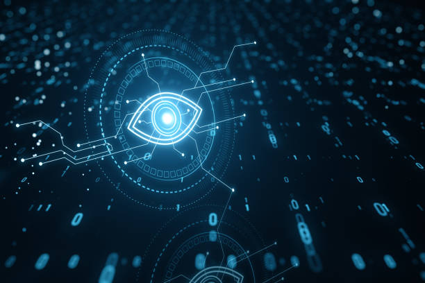 istock Cyber spy technology hologram, virtual eye of internet control surveillance and digital invigilation background with coding. 3D Rendering. 1483343278