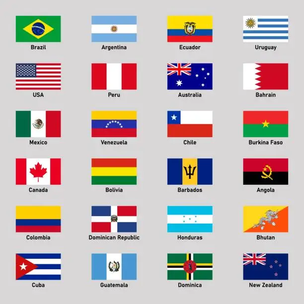 Vector illustration of Set of flags of different american countries in flat style.