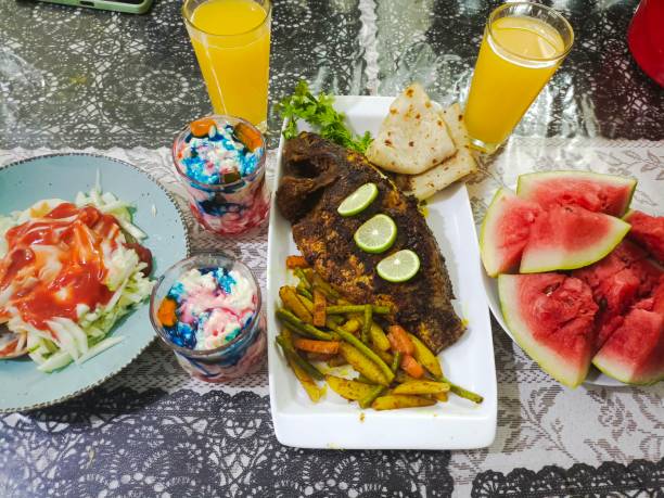 Healthy and delicious dinner with fish barbecue