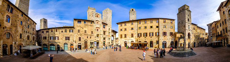 San Gimignano, Italy - March 22: historic buildings at the old town of San Gimignano on March 22, 2023