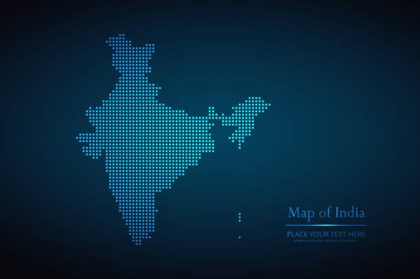진한 파란색 배경에 있는 인도의 벡터 점선 스타일 지도 - india new delhi indian culture pattern stock illustrations