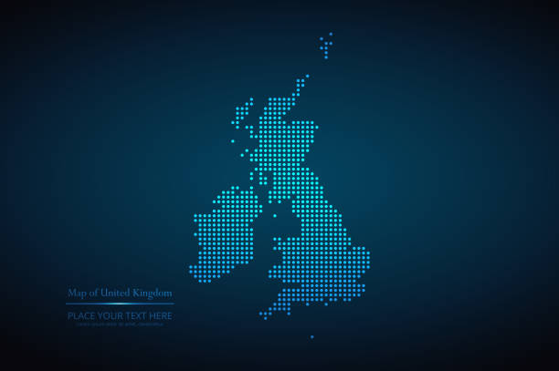 ilustrações, clipart, desenhos animados e ícones de mapa de estilo pontilhado vetorial do reino unido no fundo azul escuro - uk map british flag england