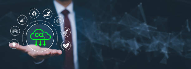 istock Businessman hand hold recycle symbol connection with virtual modern reduce CO2 emission concept with icons, global warming emissions carbon footprint climate change to limit global warming, energy 1483355049