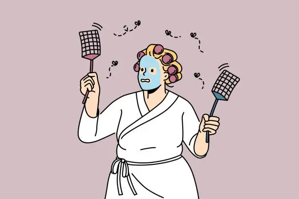 Vector illustration of Funny woman in bathrobe chasing flies with swatters