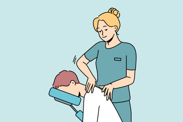 ilustraciones, imágenes clip art, dibujos animados e iconos de stock de cliente de masaje fisioterapeuta en el hospital - massage therapist illustrations