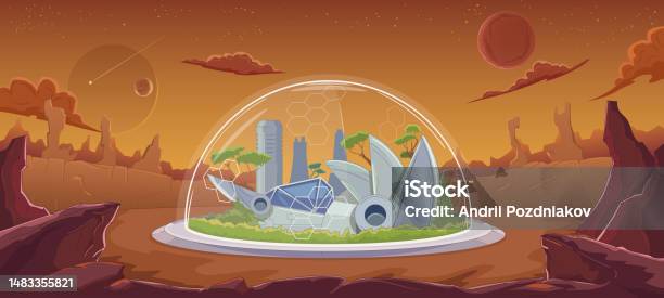Ilustración de Colonización Planetaria Cúpula Protectora Estación De Nave Espacial Asentamiento Humano Árboles Verdes Terraformando El Planeta Conquistando El Espacio Cráter Rocas Garganta Ciencia Ficción Fantasía Ilustración Vectorial De Dibujos Anim y más Vectores Libres de Derechos de Cúpula