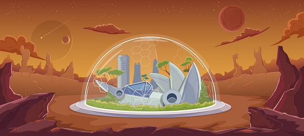 Planet colonization. Protective dome, spaceship station, human settlement, green trees. Terraforming the planet, conquering space. Crater, rocks, gorge. Sci-fi, fantasy. Vector cartoon illustration.