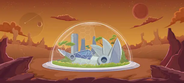Vector illustration of Planet colonization. Protective dome, spaceship station, human settlement, green trees. Terraforming the planet, conquering space. Crater, rocks, gorge. Sci-fi, fantasy. Vector cartoon illustration.