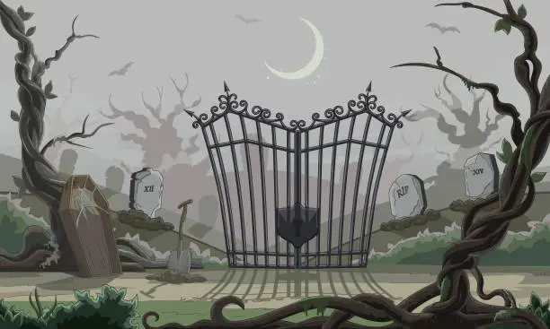 Vector illustration of Cemetery under the moon. Forged vintage
gate, lock, cemetery entrance, graves, tombs, cobweb coffin. Night cemetery moonlight, spooky twisted trees. Halloween background. Vector cartoon illustration.