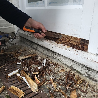 Rotten wooden door being cuttated with hammer and cisel in order to be changed in London UK