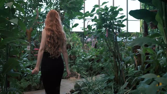 Woman with a long hair is walking in a butterfly garden.