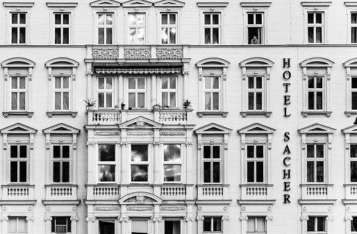 Vienna, Austria - April 22, 2009: facade of hotel Sacher in Vienna, Austria.The privately owned 5 star deluxe Hotel Sacher Wien has been established in 1876 by Eduard Sacher, son of the creator of the famous Original Sacher-Torte.