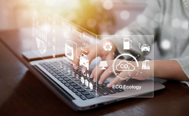 istock Businessman using laptops and touch recycle symbol with virtual modern reduce CO2 emission concept with icons, global warming emissions carbon footprint climate change to limit global warming, energy 1483356940