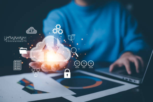 istock Businessman hand holding smartphone and laptop with cloud computing diagram show on hand. Cloud technology. Data storage. Networking and internet service concept, Cloud sharing download and upload 1483356997